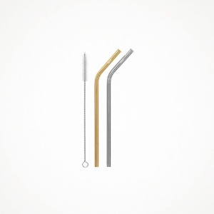 치키 스테인리스 빨대 2P + 청소용 솔 (실버 &amp; 골드, 굽은형) Stainless Straws (Silver &amp; Gold, Bent)
